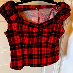 Slash collar plaid button blouse - red